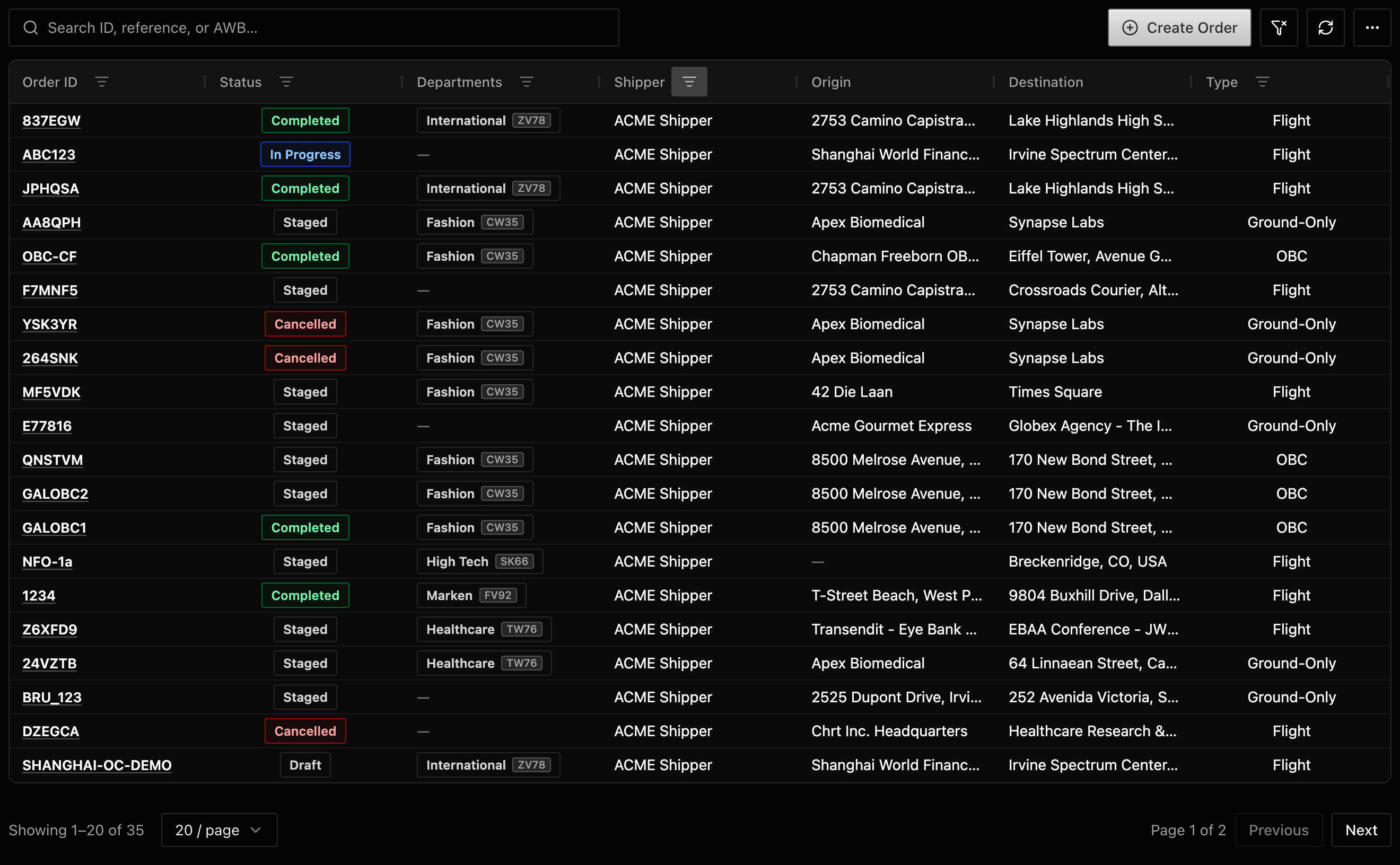 CHRT Orders table showing demo shipments, their saved statuses, transport types, departments, shipper, origins, and destinations