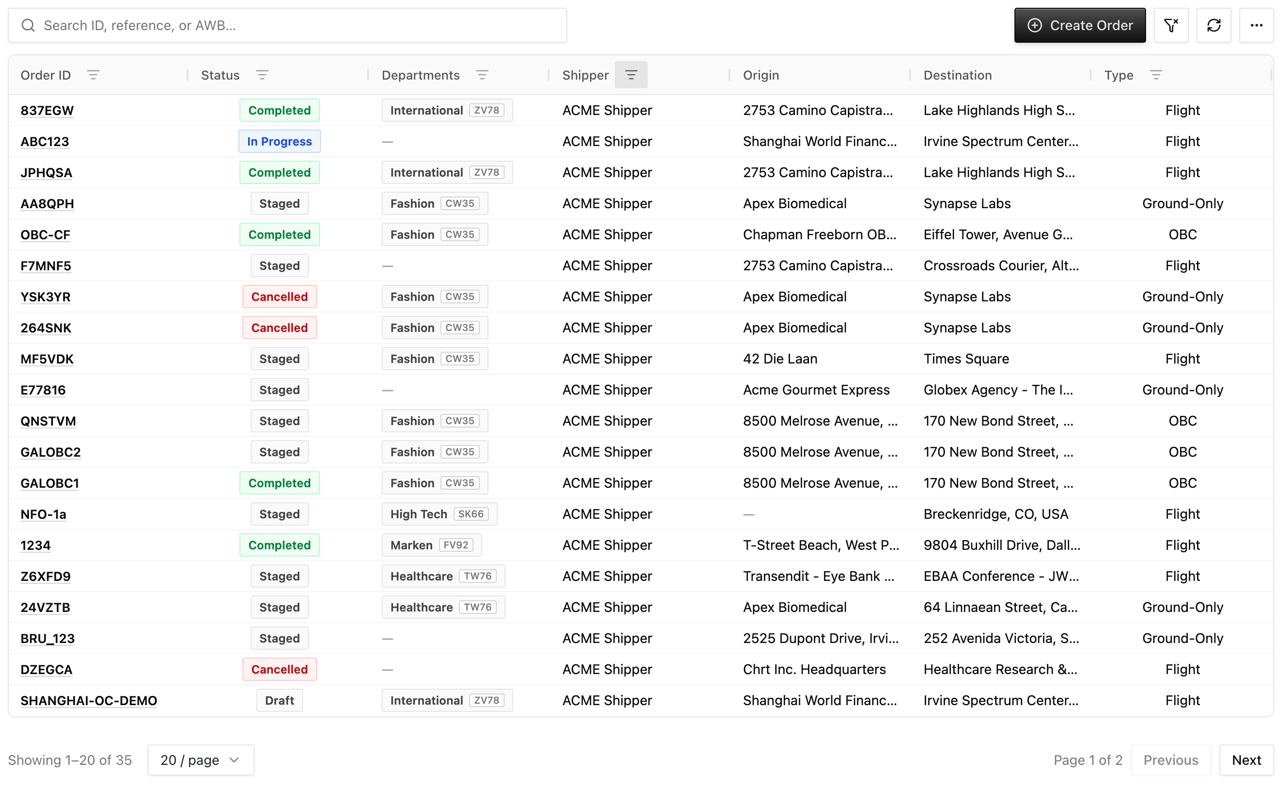 CHRT Orders table showing demo shipments, their saved statuses, transport types, departments, shipper, origins, and destinations